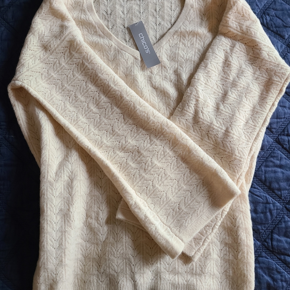 BNWT Chicos pullover sweater cable vneck oatmeal sz 1